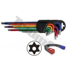 Extra długi zestaw torxów T15 - T 50 z magnesem na drugiej stronie powleczony PCV, z otw., 9-częśc. Extra długi zestaw torxów T15 - T 50 z magnesem na drugiej stronie powleczony PCV, z otw., 9-częśc.